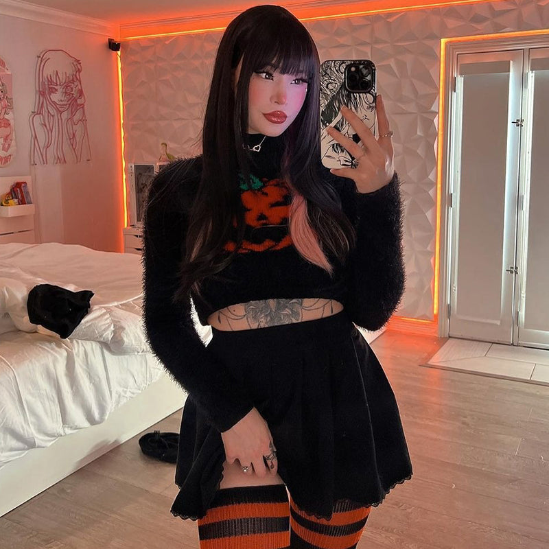 Black Fluffy Pumpkin Turtleneck Sweater