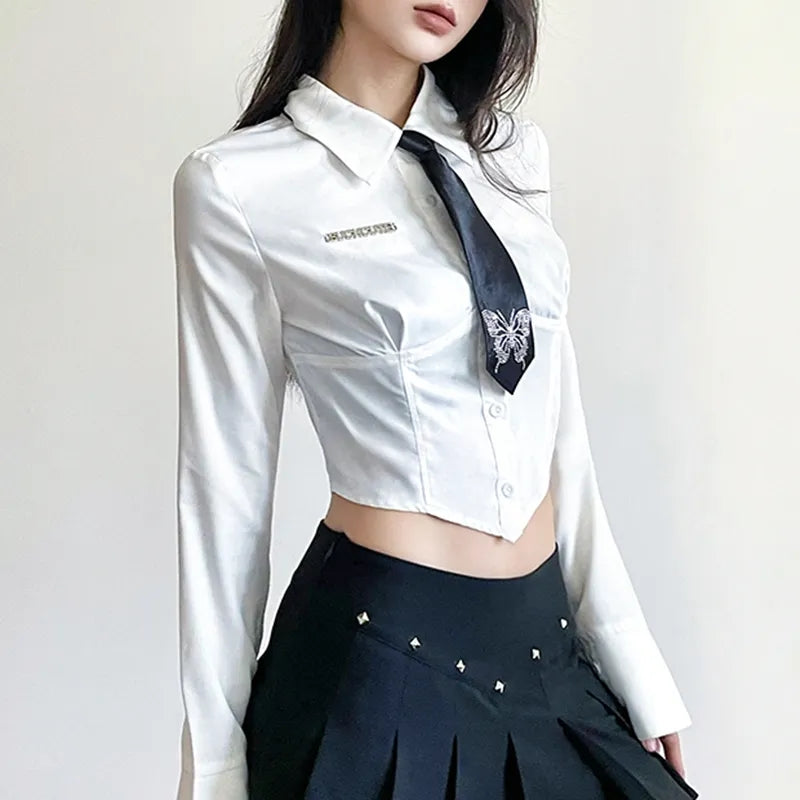 White Butterfly Rhinestone Tie + Long Sleeve Shirt Set