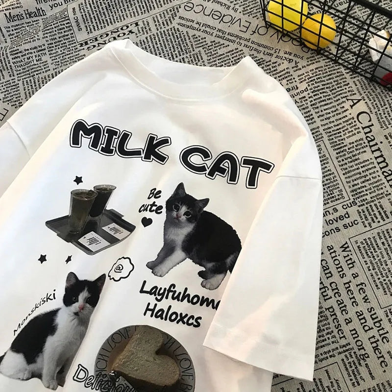 Cat Milk Cartoon Print Short Sleeve T-shirt