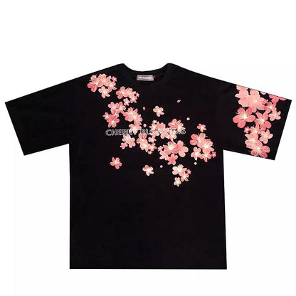 Cute Cherry Blossom Sakura Flower Graphic Print Oversized Short Sleeve Tee Shirt T-shirt Unisex Top E-Girl Kawaii Korean Japanese Harajuku Streetwear