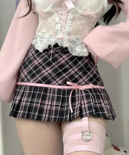 Pink Plaid Stripe Pleated High Waist Mini Skirt