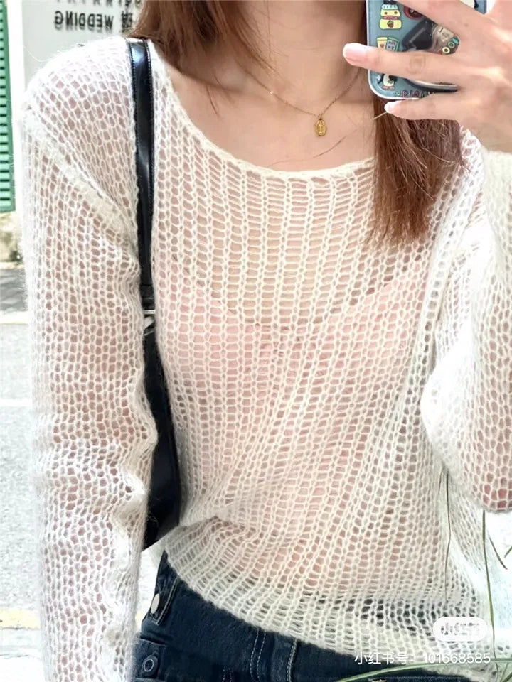White Crochet See Through Sweater