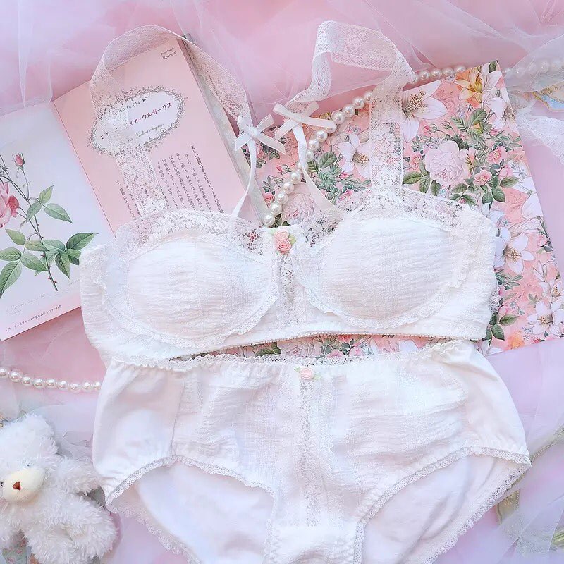 Sweet White French Bra + Panty Set Lace Underwear Lingerie Summer Aesthetic Casual E-Girl Kawaii Korean Japanese Harajuku