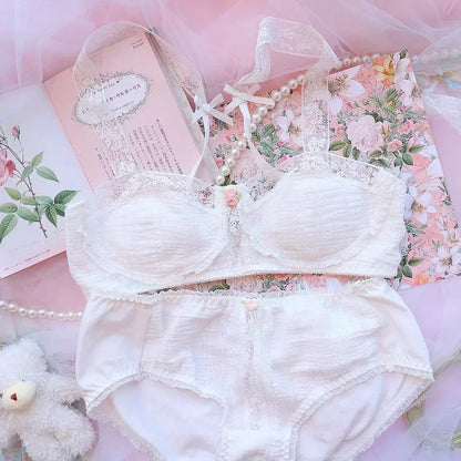 Sweet White French Bra + Panty Set Lace Underwear Lingerie Summer Aesthetic Casual E-Girl Kawaii Korean Japanese Harajuku