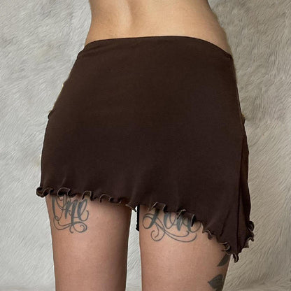 Brown Y2k Irregular Drawstring Low Waist Mini Skirt