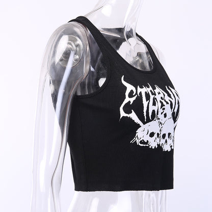 Black Skull Print Knit Ruffle Tank Top Cropped Sleeveless Shirt Causal Goth Punk Causal Summer E-Girl Kawaii Korean Japanese Harajuku Streetwear