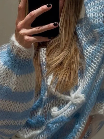 Blue & White Knit Hollow Out Sweater
