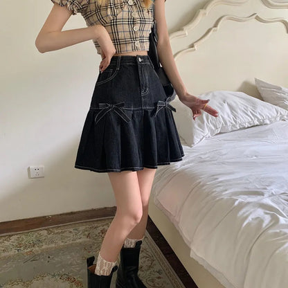Denim Bow Pleated Mini Skirt