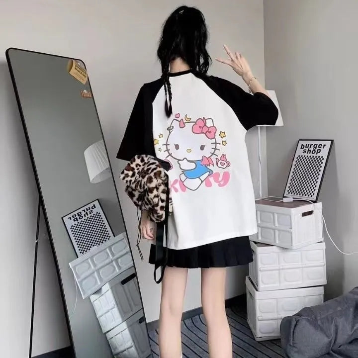 Japanese Cat Print Patchwork Short Sleeve T-shirt