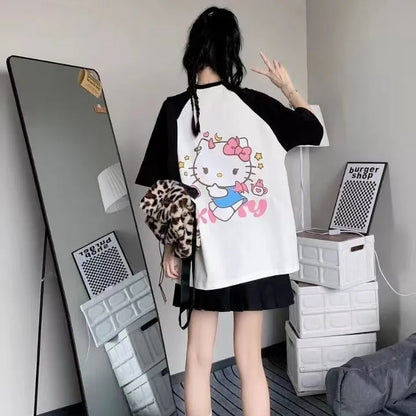 Japanese Cat Print Patchwork Short Sleeve T-shirt