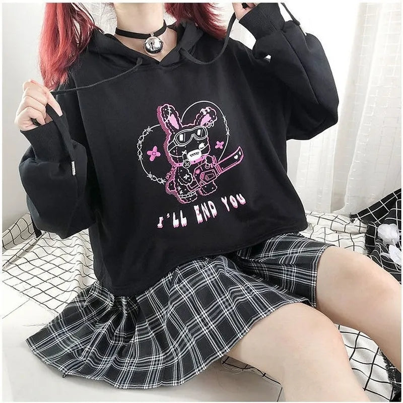 Rabbit Punk Print Hollow Out Hoodie