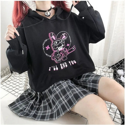 Rabbit Punk Print Hollow Out Hoodie