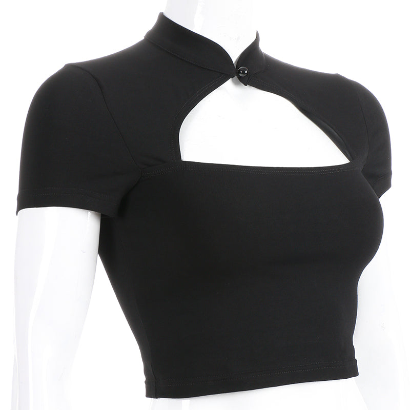 Cute Sexy Casual Black Hallow Out Crop Top Short Sleeve Shirt Tee T-shirt E-Girl Kawaii Korean Japanese Harajuku Chinese Retro Streetwear Aesthetic