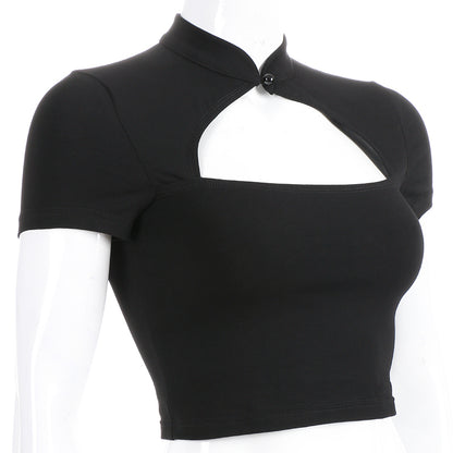 Cute Sexy Casual Black Hallow Out Crop Top Short Sleeve Shirt Tee T-shirt E-Girl Kawaii Korean Japanese Harajuku Chinese Retro Streetwear Aesthetic