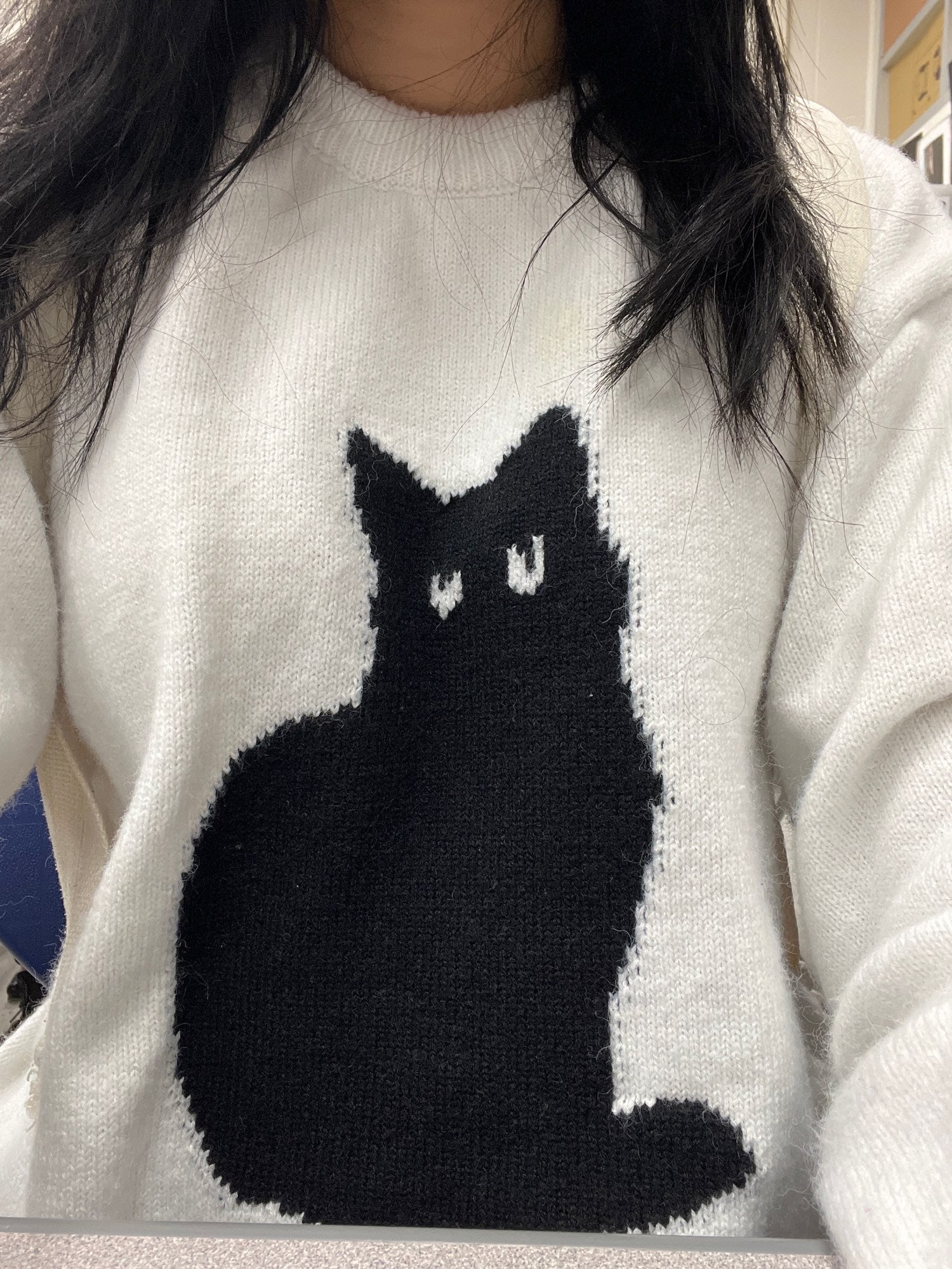 Black Cat Print Long Sleeve Sweater