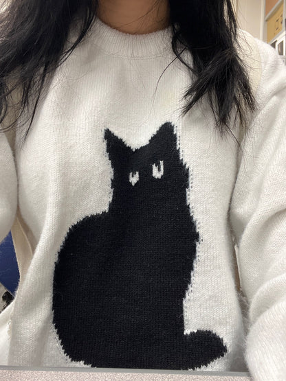 Black Cat Print Long Sleeve Sweater