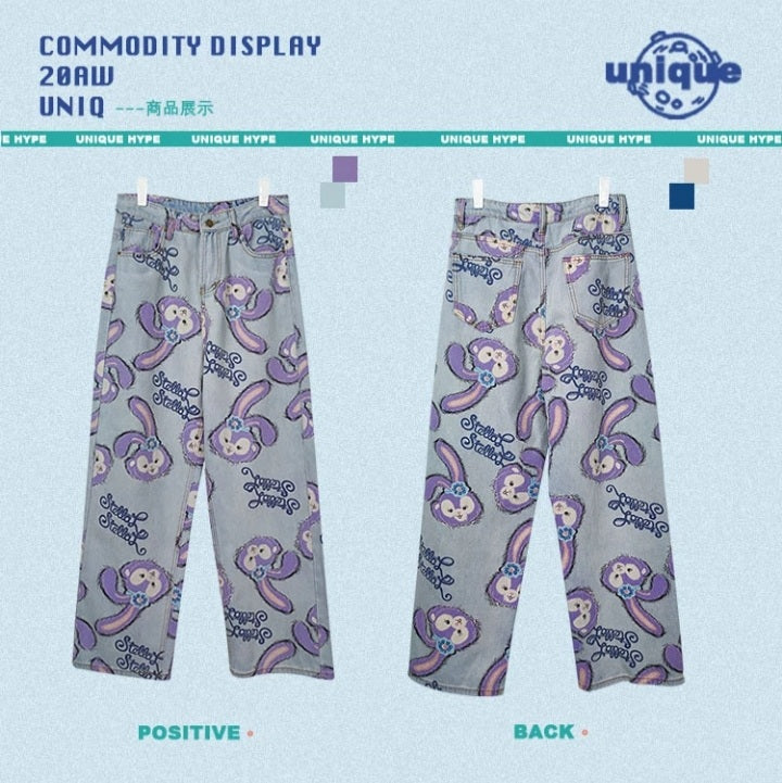Cute Bunny Rabbit Cartoon Print High Waisted Denim Long Wide Leg Jeans Pants Trouser Aesthetic Casual Summer E-Girl Kawaii Korean Japanese Harajuku