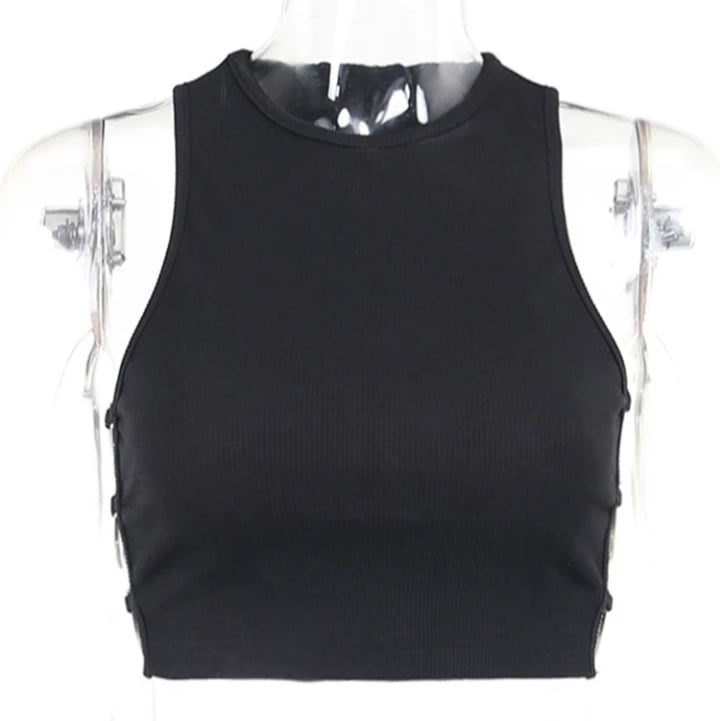 Cute Black Heart Hollow Out Ribbed Tank Crop Top Sleeveless Shirt Punk Goth Summer Aesthetic Casual E-Girl Kawaii Korean Japanese Harajuku