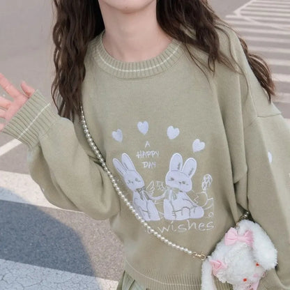 Green Rabbit Knit Long Sleeve Sweater
