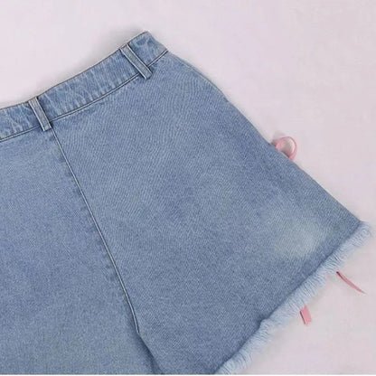 Cat Embroidery Pink Ribbon Denim Shorts