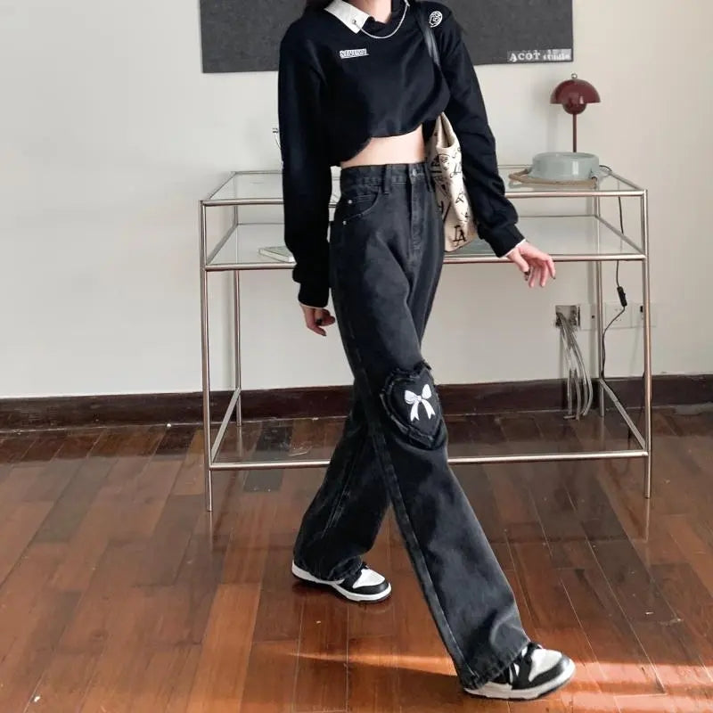 Black Denim Love Bow Embroidery High Waist Jeans