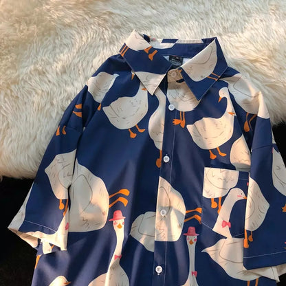 Funny Unisex Duck Cartoon Print Hawaii Beach Oversize Short Sleeve Shirt Botton Up Aesthetic Casual Summer E-Girl Kawaii Korean Japanese Harajuku
