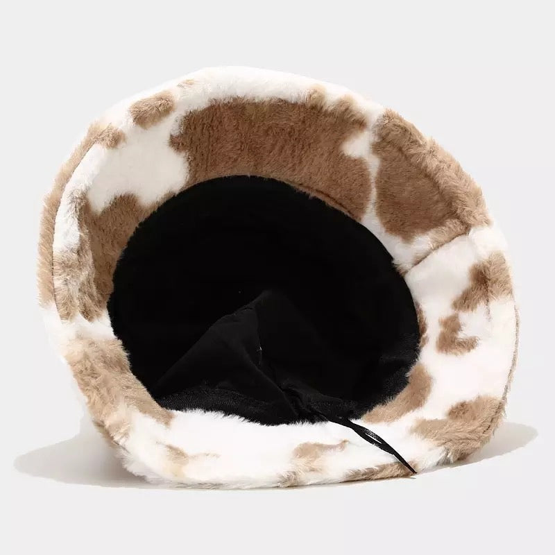 Cow Print Plush Bucket Hat Warm Soft Velvet Fishermen Cap Animal Print Winter Women E-Girl Kawaii Korean Japanese Harajuku Streetwear