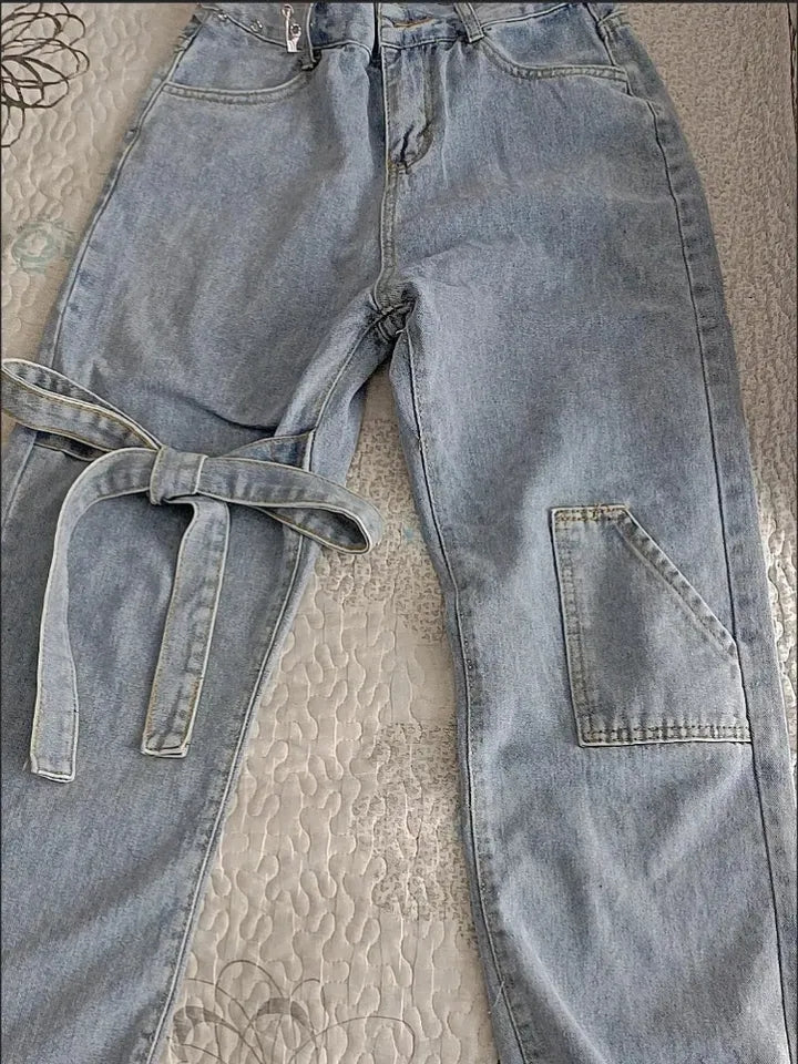 Bow High Waist Straight Leg Jeans