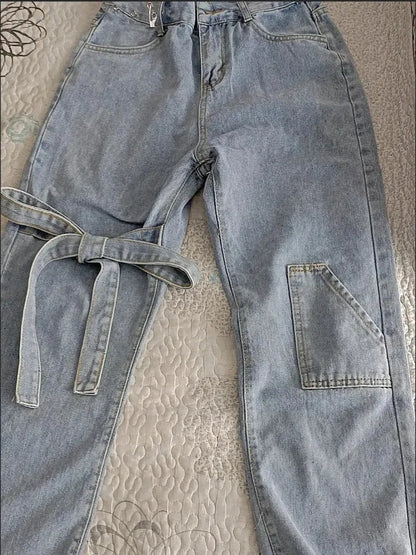 Bow High Waist Straight Leg Jeans