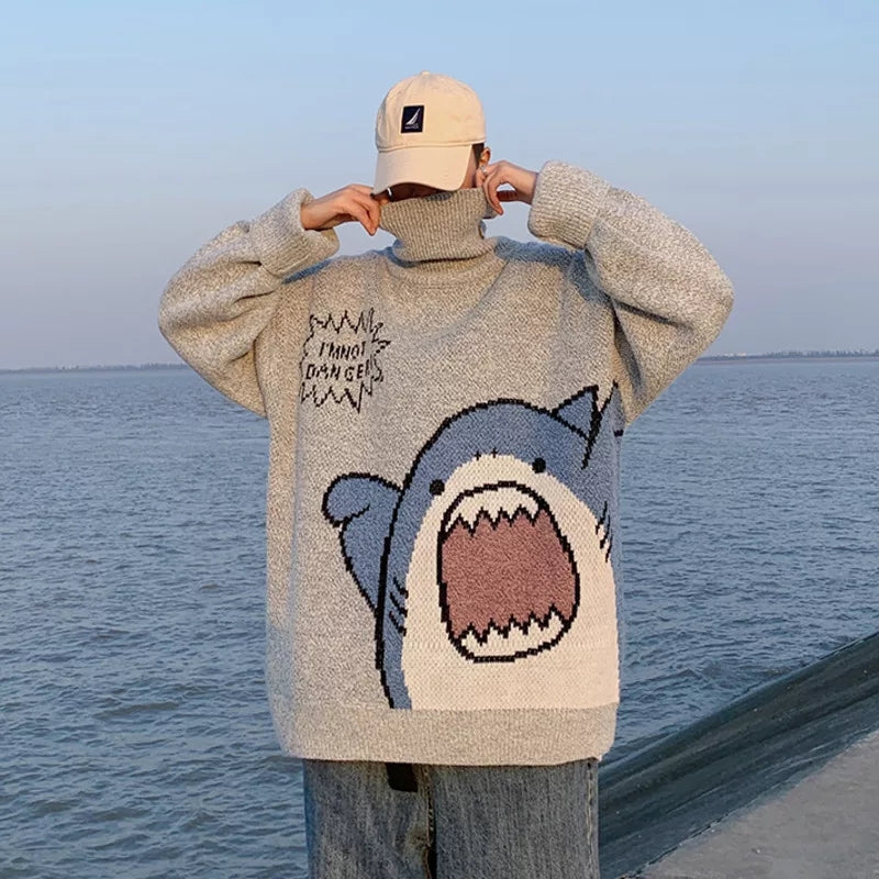 Cute Funny Shark Cartoon Knit Turtleneck Oversized Sweater Pullover Winter Aesthetic Casual Kawaii Korean Japanese Harajuku