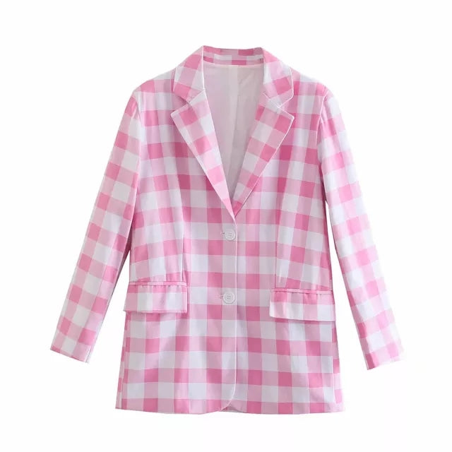 Cute 2pcs Set Vinatge Pink Plaid Blazer + High Waist Mini Skirt Suit Summer Aesthetic Casual E-Girl Kawaii Korean Japanese Harajuku