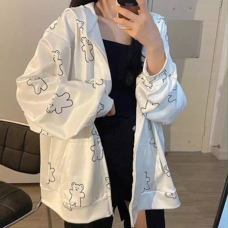Cute Vintage Butterfly Print Oversize Zipper Hoodie Long Sleeve Pullover Jumper Autumn Aesthetic E-Girl Kawaii Korean Japanese Harajuku Streetwear