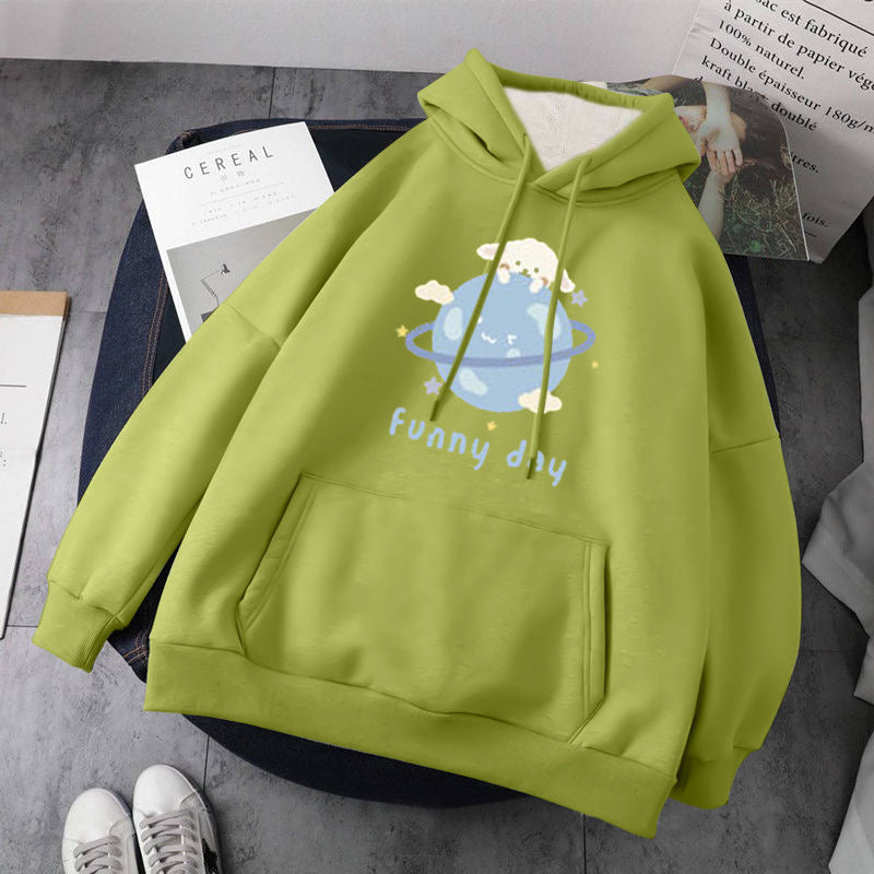 Cute Dog Poodle Earth Cartoon Print Oversized Loose Hoodie Sweater Sweatshirt Pullober Jumper Casual E-Girl Kawaii Korean Japanese Harajuku Streetwear