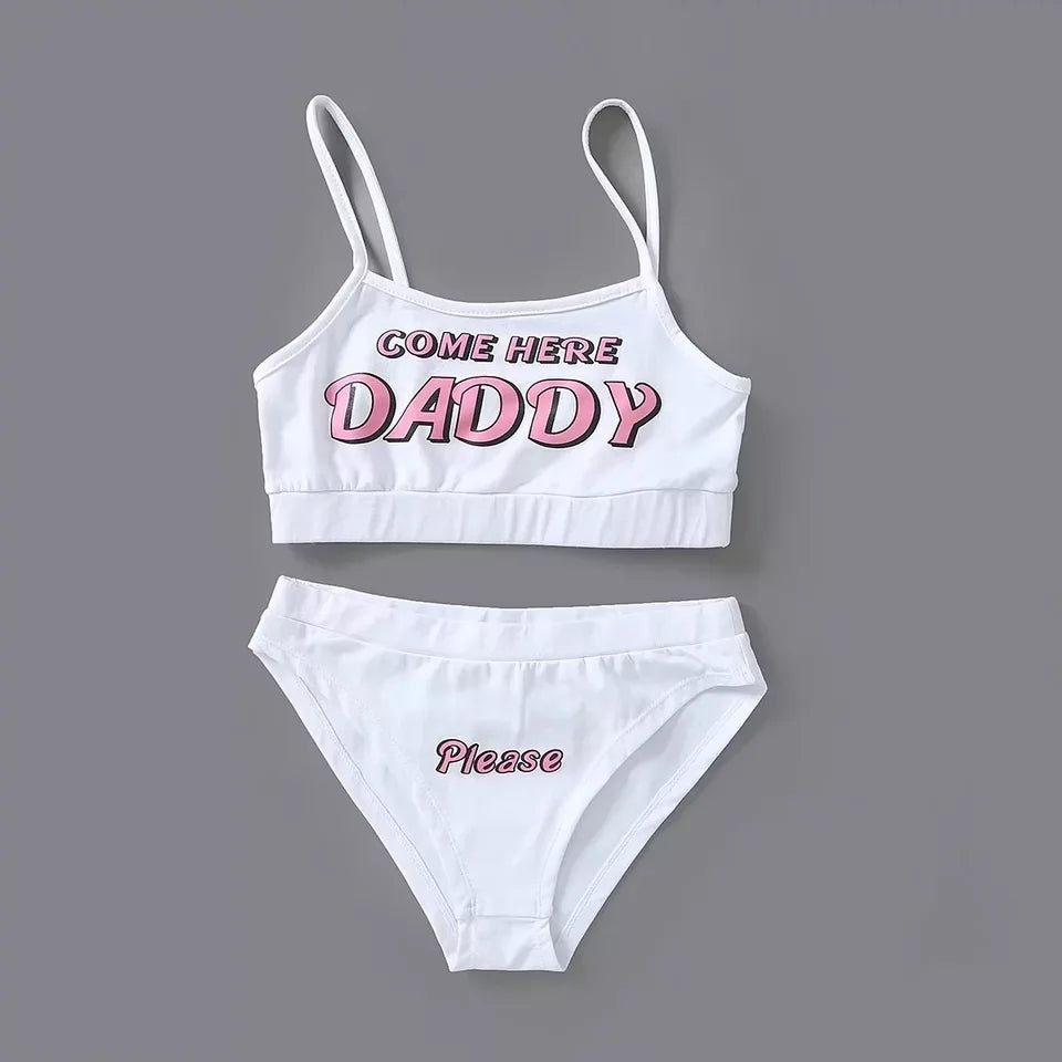 Cute Sexy 2pcs Daddy Print Tank Crop Top Sleeveless Bra Panties Underwear Lingerie Aesthetic Casual Summer E-Girl Kawaii Korean Japanese Harajuku