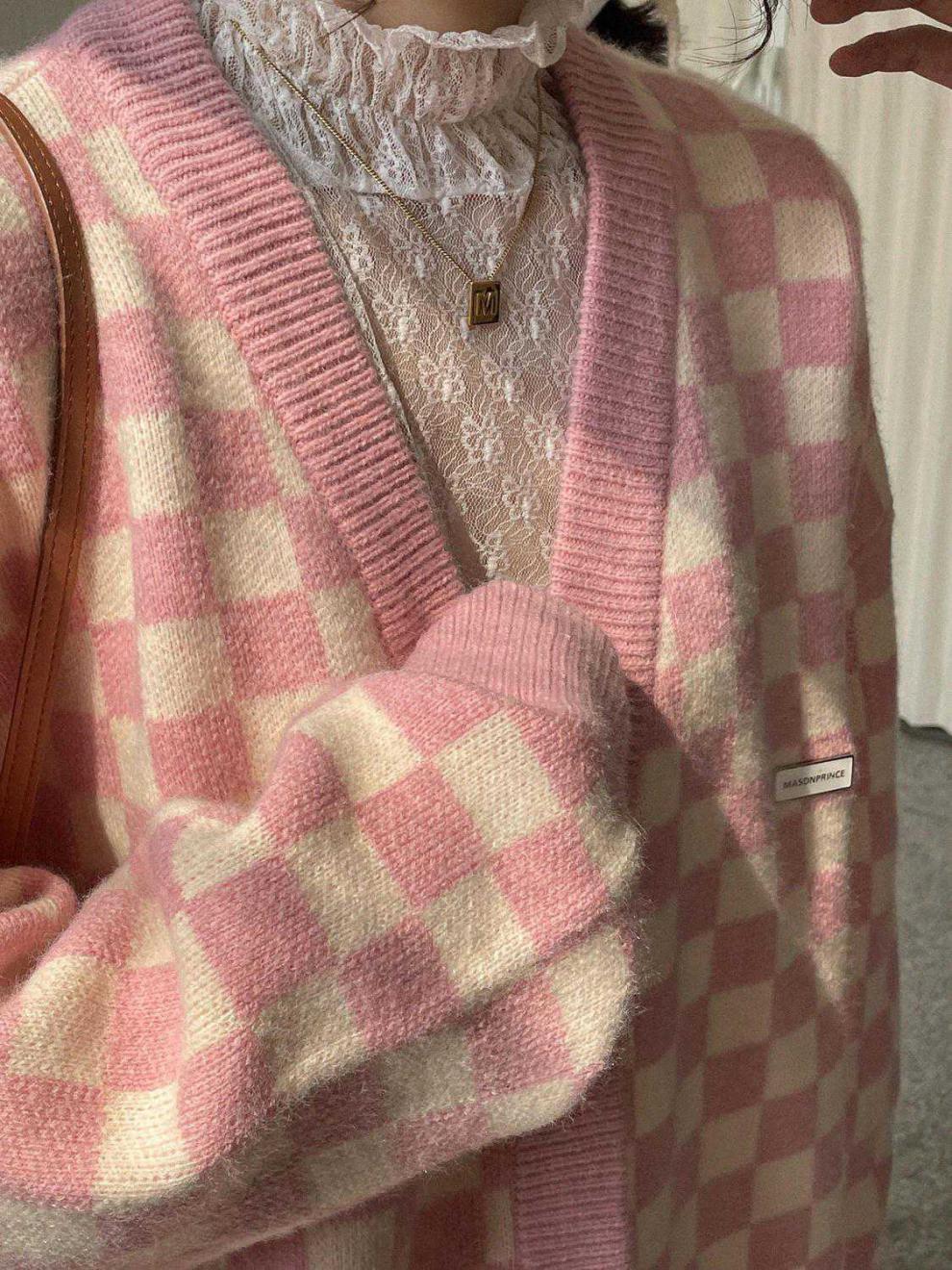 Pink Checkered Button Knit Cardigan