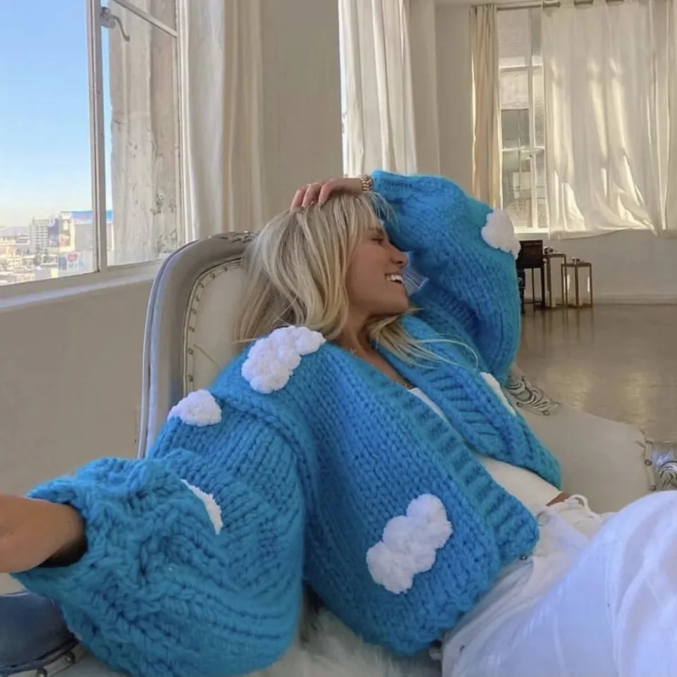 3D Blue Cloud Crochet Cardigan Sweater