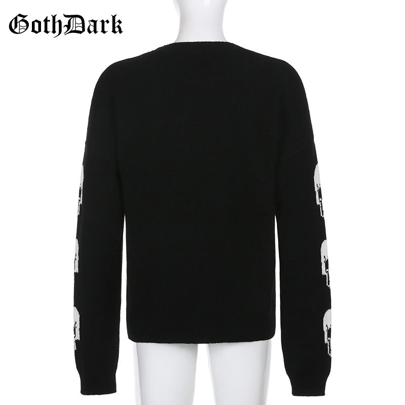 Black Skull Knit Sweater Sweatshirt Crewneck Long Sleeve Pullover Goth Punk Autumn Fall E-Girl Kawaii Korean Japanese Harajuku Streetwear