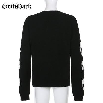 Black Skull Knit Sweater Sweatshirt Crewneck Long Sleeve Pullover Goth Punk Autumn Fall E-Girl Kawaii Korean Japanese Harajuku Streetwear