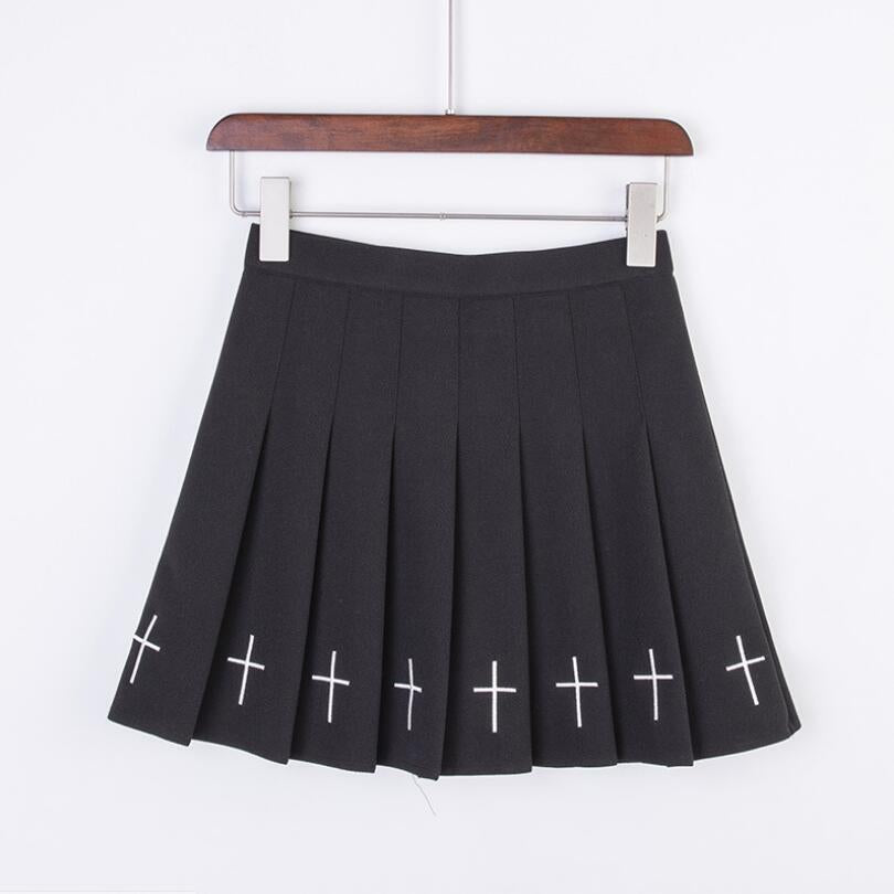 Cute Black Cross Print Goth Punk Pleated High Waisted Mini Skirt Bottom E-Girl Kawaii Korean Japanese Harajuku Retro Streetwear