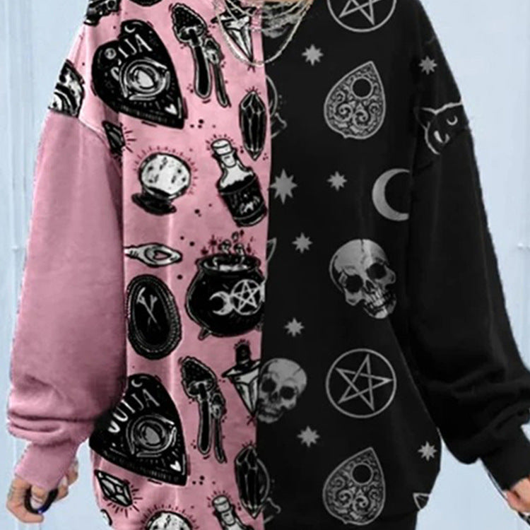 Skull Magic Witch Cartoon Print Patchwork Loose Sweater Sweatshirt Long Sleeve Pullover Goth Punk E-Girl Kawaii Korean Japanese Harajuku Streetwear