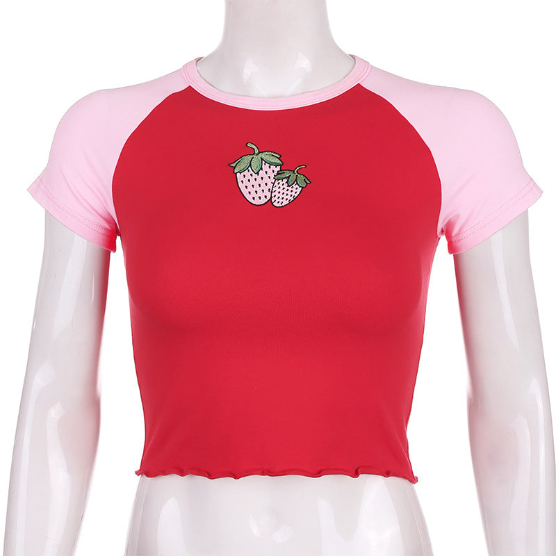 Cute Strawberry Embroidery Patchwork Short Sleeve Shirt Crop Top T-shirt Tee Casual Summer E-Girl Kawaii Korean Japanese Harajuku Streetwear