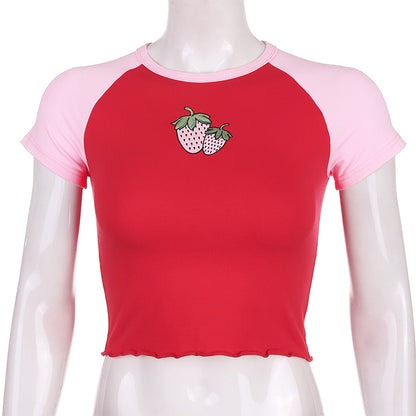 Cute Strawberry Embroidery Patchwork Short Sleeve Shirt Crop Top T-shirt Tee Casual Summer E-Girl Kawaii Korean Japanese Harajuku Streetwear