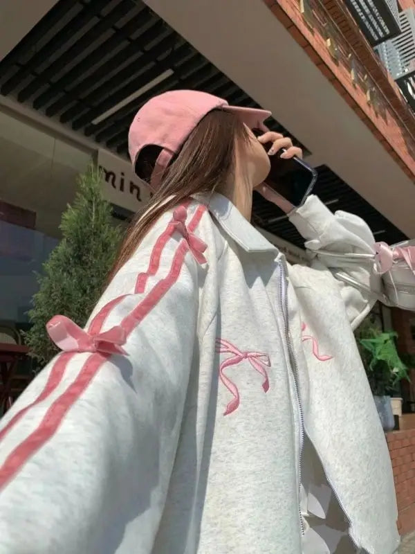 Bow Embroidery Zipper Fleece Jacket