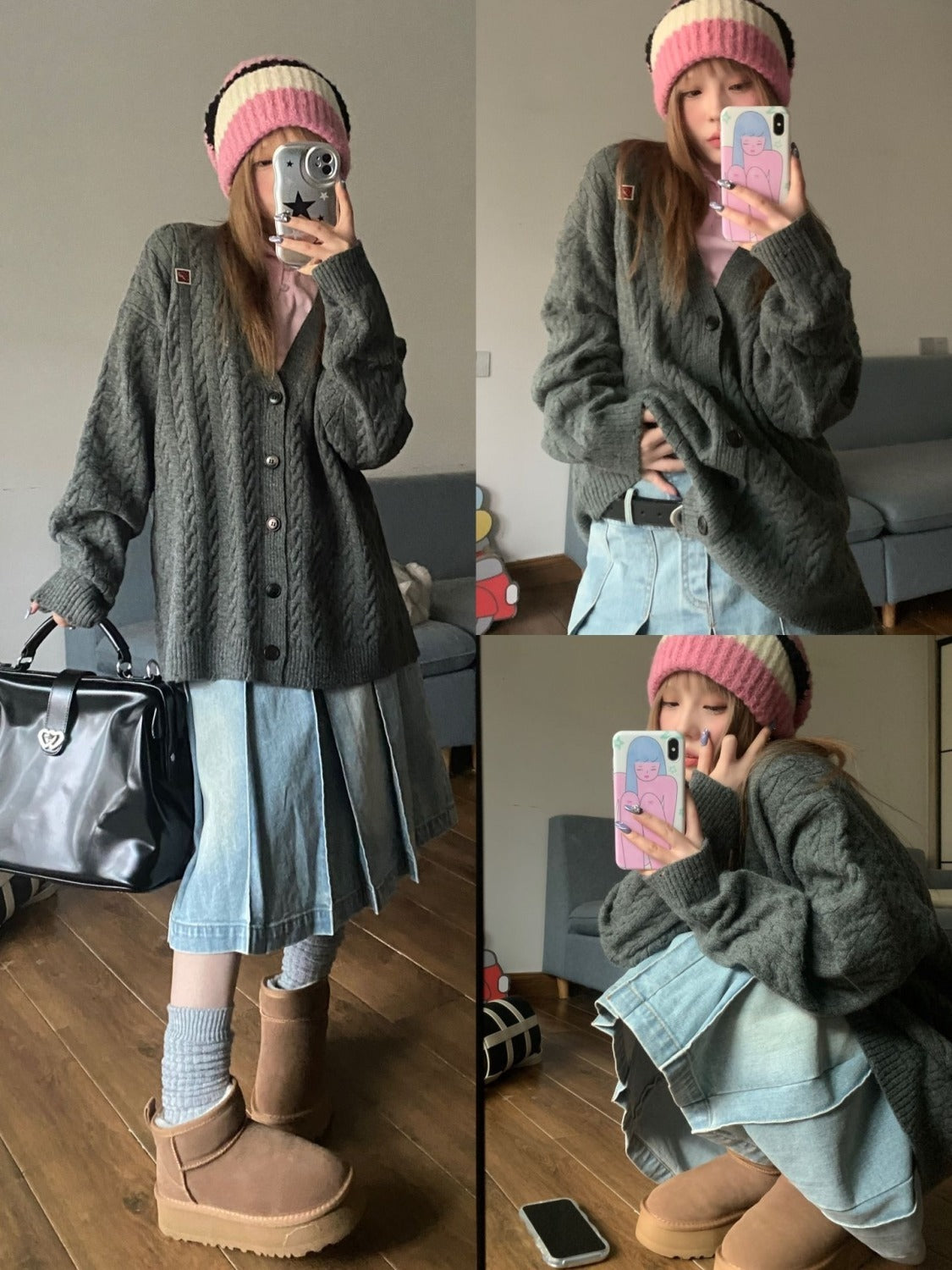 Denim Pleated High Waist Midi Skirt