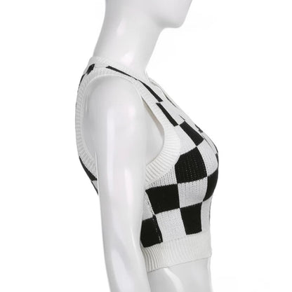 Cute Preppy Argyle Plaid Sweater Vest Sleeveless Knit Crop Top V Neck Shirt Aesthetic Casual Summer E-Girl Kawaii Korean Japanese Harajuku