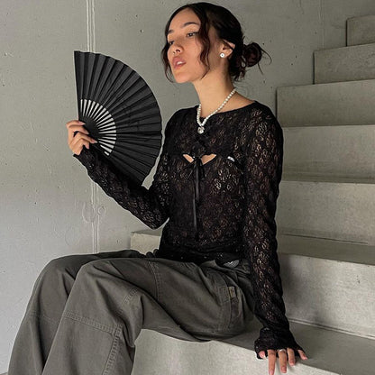 Black Mesh Lace Long Sleeve Shirt