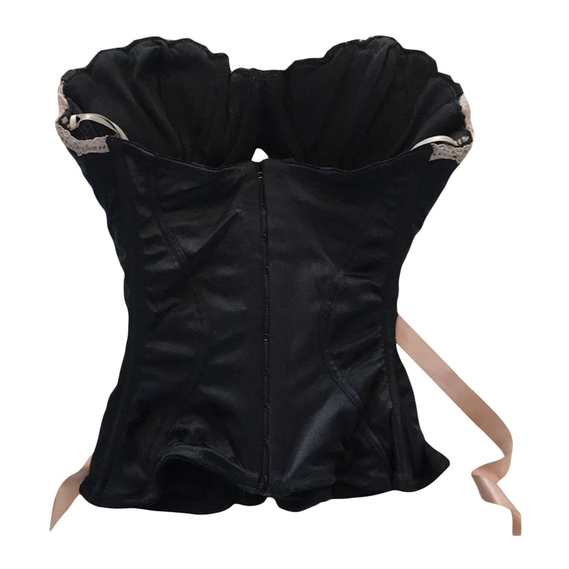 Black with Pink Ribbon Lace Up Bandage Corset Top