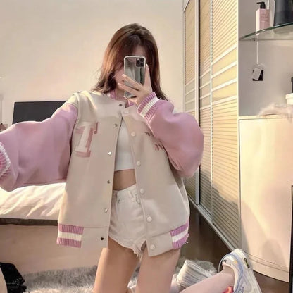Pink Patchwork Oversized Varsity Jacket