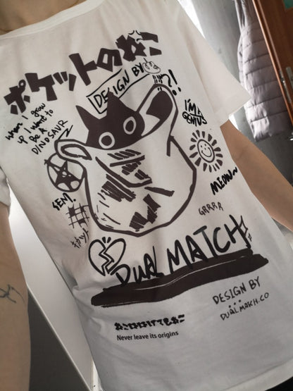 Cat Cartoon Print Loose Short Sleeve T-shirt