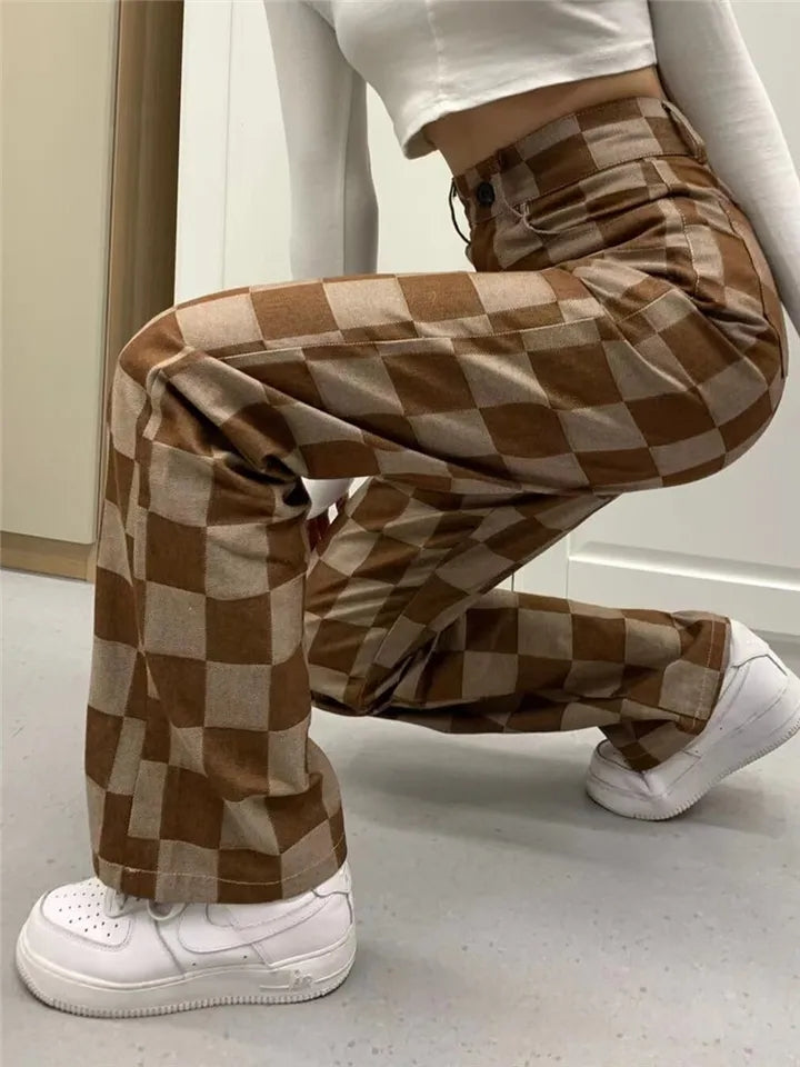 Brown Checkered High Waist Wide Leg Pants